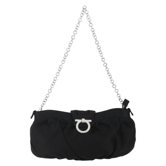 Salvatore Ferragamo Gancini Chain Shoulder Bag Satin Black Silver Auth 156969V