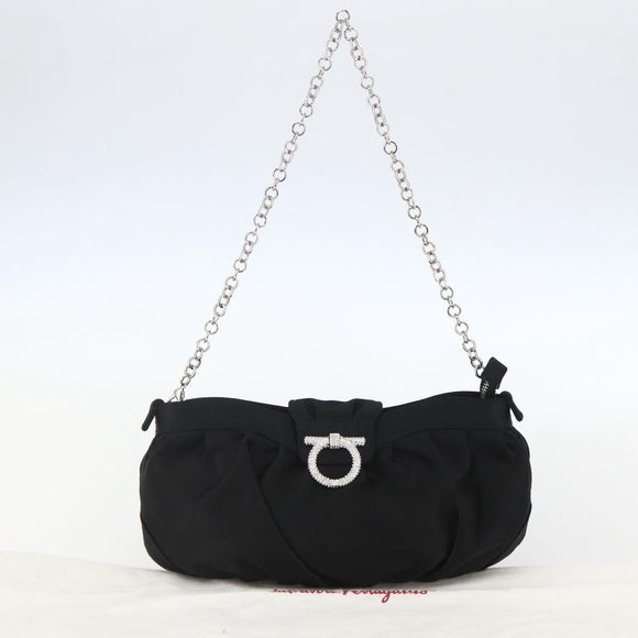 Salvatore Ferragamo Gancini Chain Shoulder Bag Satin Black Silver Auth 156969V