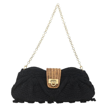 Salvatore Ferragamo Chain Shoulder Bag knitted Fabrics Black Gold Auth 156985V - 0