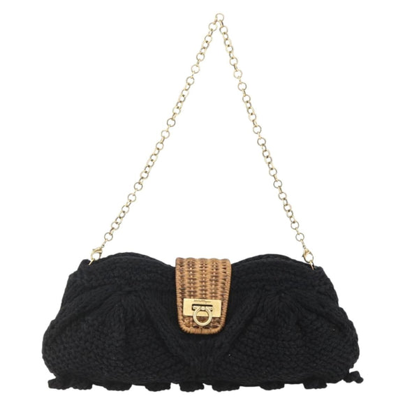 Salvatore Ferragamo Chain Shoulder Bag knitted Fabrics Black Gold Auth 156985V