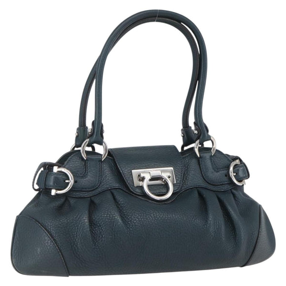 Salvatore Ferragamo Gancini Hand Bag Leather Green Silver Auth 157002