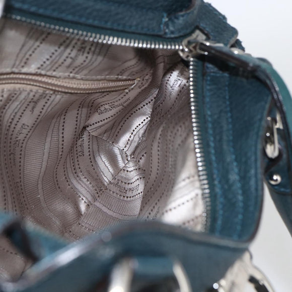 Salvatore Ferragamo Gancini Hand Bag Leather Green Silver Auth 157002