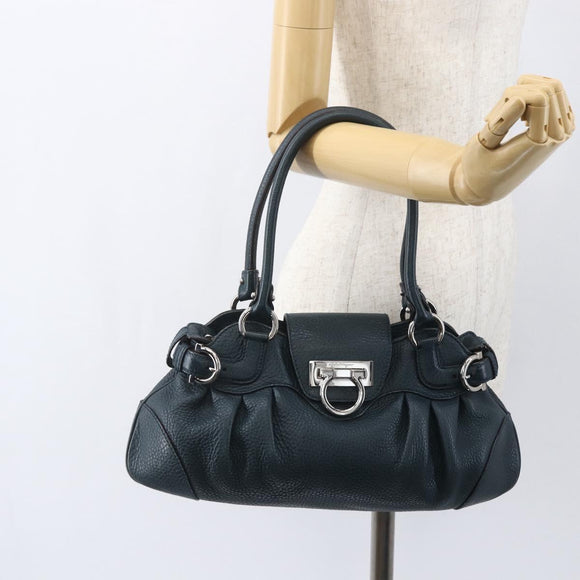Salvatore Ferragamo Gancini Hand Bag Leather Green Silver Auth 157002