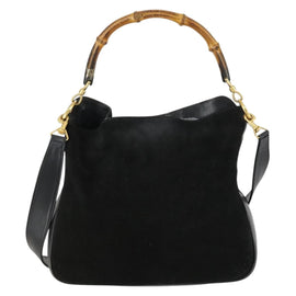 GUCCI Bamboo Shoulder Bag Suede 2way Black Gold Auth 157009 - 0