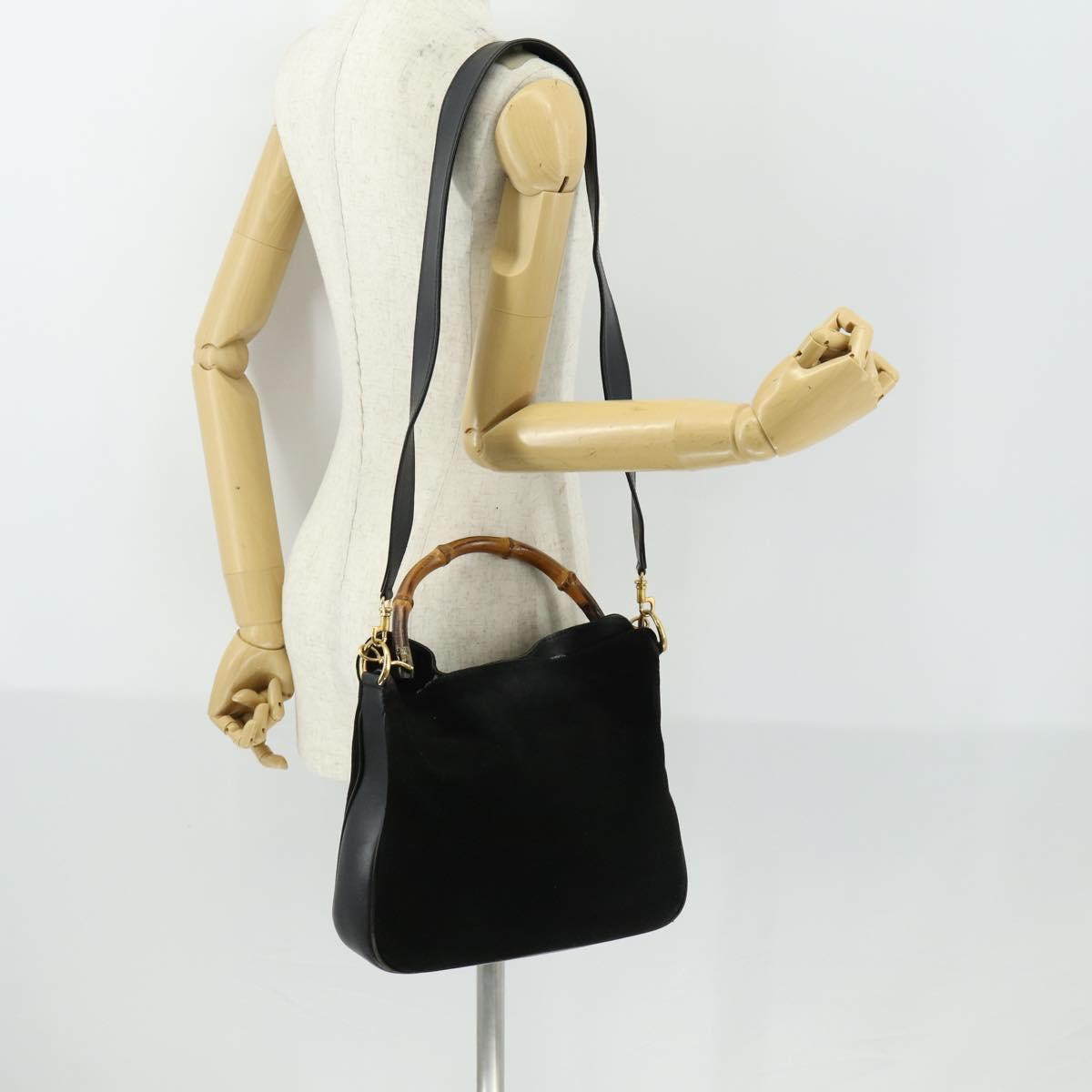 GUCCI Bamboo Shoulder Bag Suede 2way Black Gold Auth 157009 