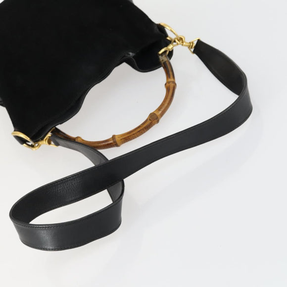 GUCCI Bamboo Shoulder Bag Suede 2way Black Gold Auth 157009