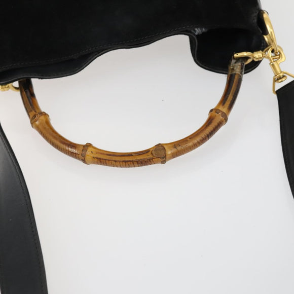 GUCCI Bamboo Shoulder Bag Suede 2way Black Gold Auth 157009