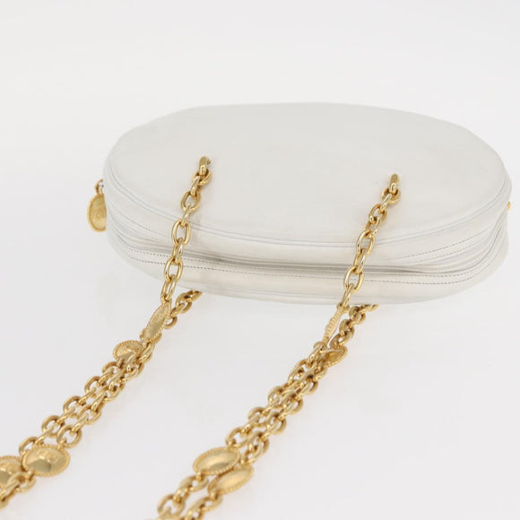 Christian Dior Chain Shoulder Bag Leather White Gold Auth 157011