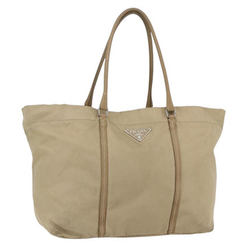 PRADA Tote Bag Nylon Beige Silver Auth 157015