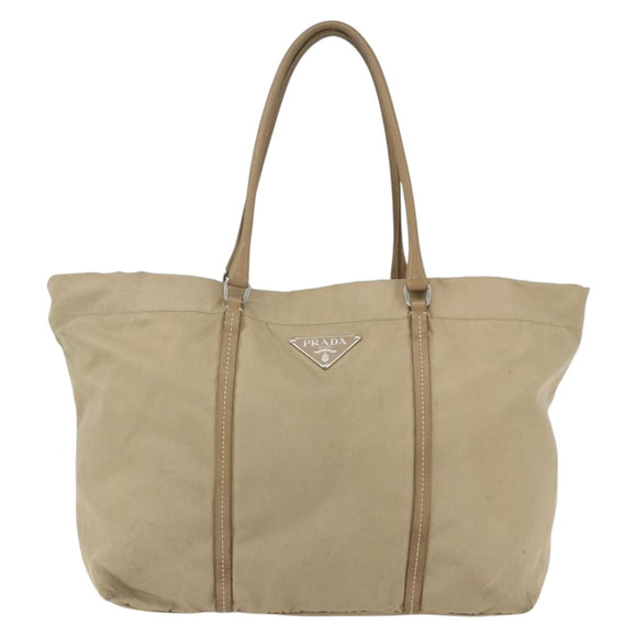 PRADA Tote Bag Nylon Beige Silver Auth 157015