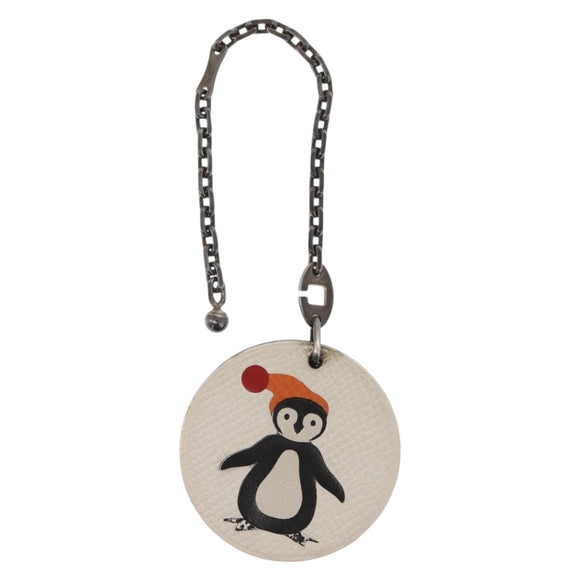 HERMES Penguin Bag Charm Leather White Brown Auth 157049
