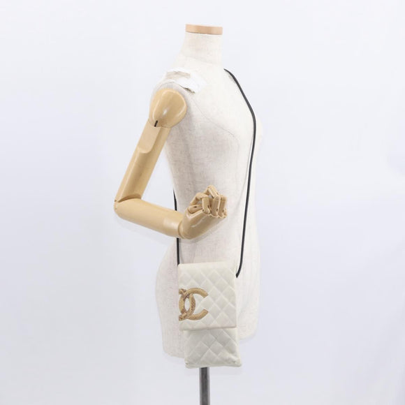 CHANEL Matelasse Cambon Line Shoulder Bag Calf Skin White Black CC Auth 157056