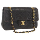 CHANEL Double Flap Matelasse 25 Chain Bag Lamb Skin Black Gold CC Auth 157061SAV-1