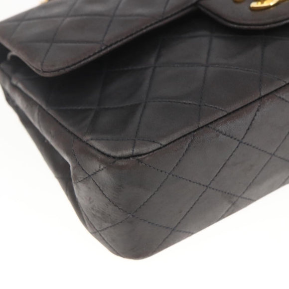CHANEL Double Flap Matelasse 25 Chain Bag Lamb Skin Black Gold CC Auth 157061SAV