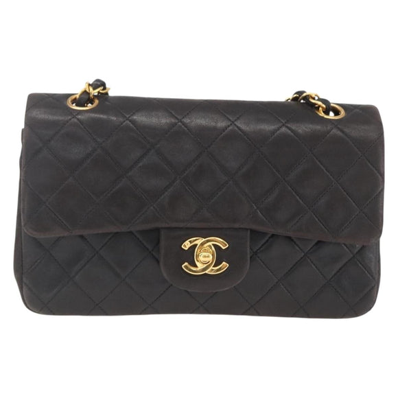 CHANEL Double Flap Matelasse 25 Chain Bag Lamb Skin Black Gold CC Auth 157061SAV