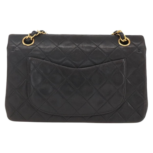 CHANEL Double Flap Matelasse 25 Chain Bag Lamb Skin Black Gold CC Auth 157061SAV