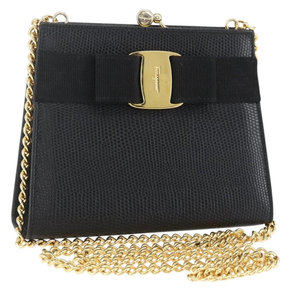 Salvatore Ferragamo Chain Vala Shoulder Bag Leather Black Gold Auth 157062