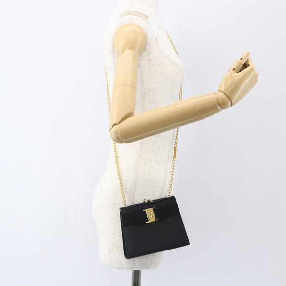 Salvatore Ferragamo Chain Vala Shoulder Bag Leather Black Gold Auth 157062