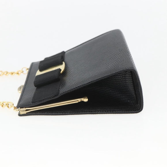 Salvatore Ferragamo Chain Vala Shoulder Bag Leather Black Gold Auth 157062