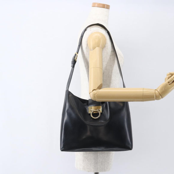 Salvatore Ferragamo Gancini Shoulder Bag Leather Black Gold Auth 157063