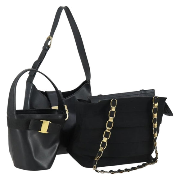 Salvatore Ferragamo Gancini Vala Hand Bag Leather 3 Set Black Auth 157075