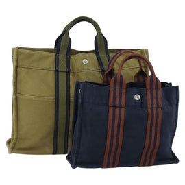 HERMES Fourre Tout Hand Bag Canvas 2 Set Khaki Navy Auth 157077