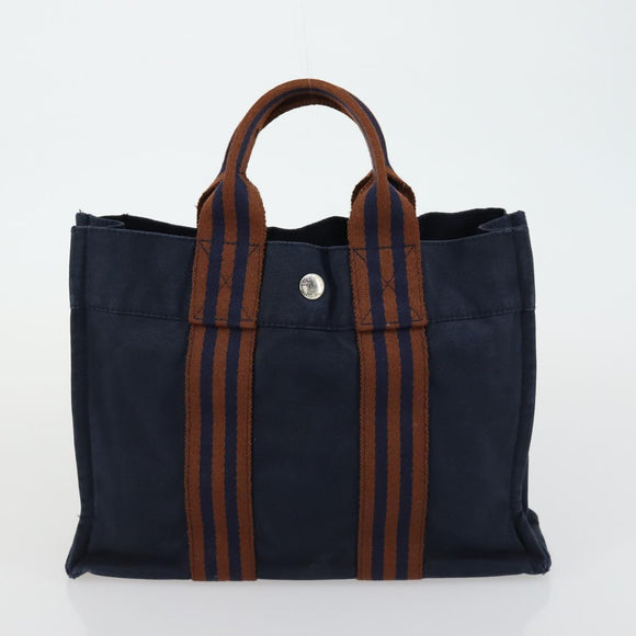 HERMES Fourre Tout Hand Bag Canvas 2 Set Khaki Navy Auth 157077