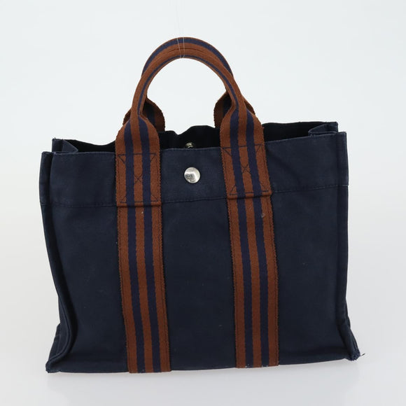 HERMES Fourre Tout Hand Bag Canvas 2 Set Khaki Navy Auth 157077