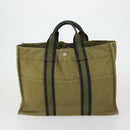 HERMES Fourre Tout Hand Bag Canvas 2 Set Khaki Navy Auth 157077-2