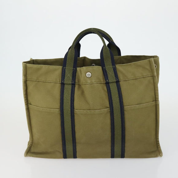 HERMES Fourre Tout Hand Bag Canvas 2 Set Khaki Navy Auth 157077