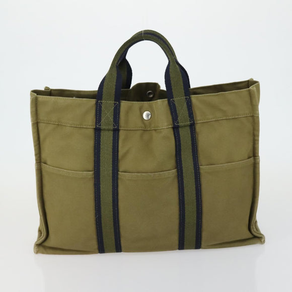 HERMES Fourre Tout Hand Bag Canvas 2 Set Khaki Navy Auth 157077