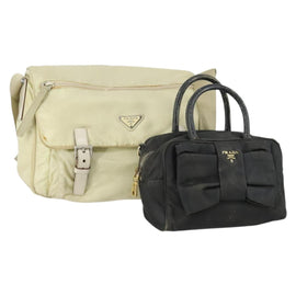 PRADA Tote Bag Nylon 2 Set Black Beige Auth 157078
