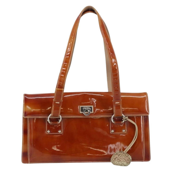 Salvatore Ferragamo Gancini Hand Bag Patent leather Brown Silver Auth 157100