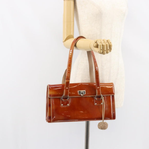Salvatore Ferragamo Gancini Hand Bag Patent leather Brown Silver Auth 157100