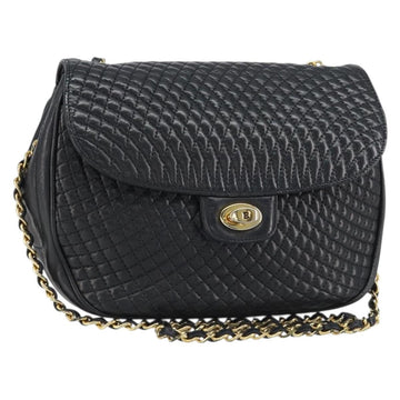 BALLY Chain Shoulder Bag Leather Black Gold Auth 157106