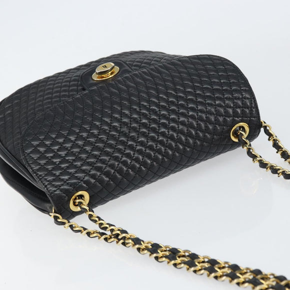 BALLY Chain Shoulder Bag Leather Black Gold Auth 157106