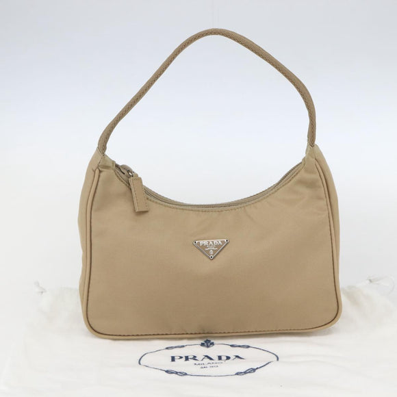 PRADA Hand Bag Nylon Beige Silver Auth 157109V