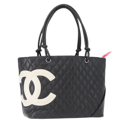 CHANEL Cambon Line Tote Bag Leather Black Silver CC Auth 157122SAV
