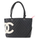 CHANEL Cambon Line Tote Bag Leather Black Silver CC Auth 157122SAV-2