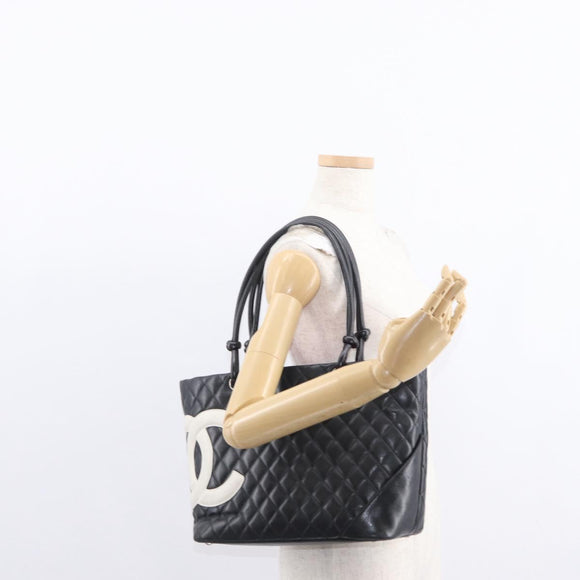 CHANEL Cambon Line Tote Bag Leather Black Silver CC Auth 157122SAV