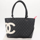 CHANEL Cambon Line Tote Bag Leather Black Silver CC Auth 157122SAV-25