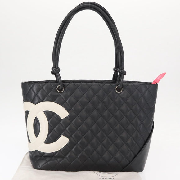 CHANEL Cambon Line Tote Bag Leather Black Silver CC Auth 157122SAV