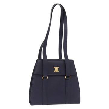 CELINE Triomphe Shoulder Bag Leather Navy Gold Auth 157125