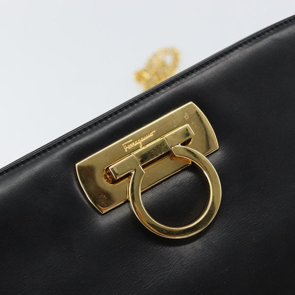 Salvatore Ferragamo Gancini Chain Shoulder Bag Leather Black Gold Auth 157126