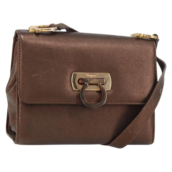 Salvatore Ferragamo Gancini Shoulder Bag Leather Bronze Gold Auth 157128