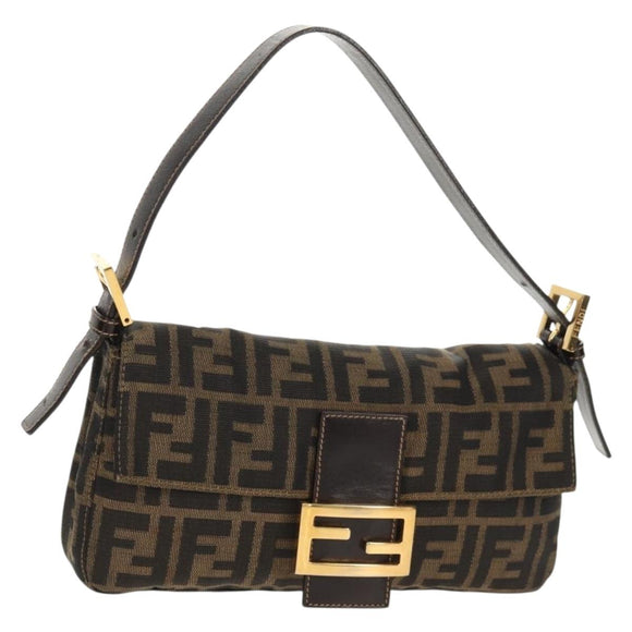 FENDI Zucca Canvas Mamma Baguette Shoulder Bag Black Brown Auth 157134V