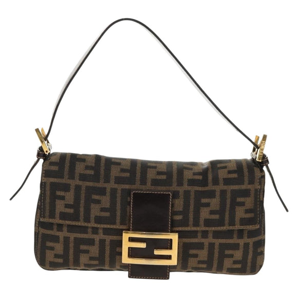 FENDI Zucca Canvas Mamma Baguette Shoulder Bag Black Brown Auth 157134V