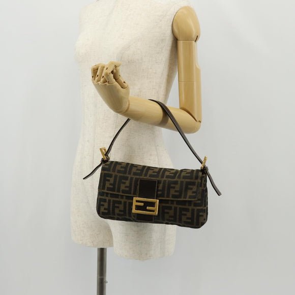 FENDI Zucca Canvas Mamma Baguette Shoulder Bag Black Brown Auth 157134V