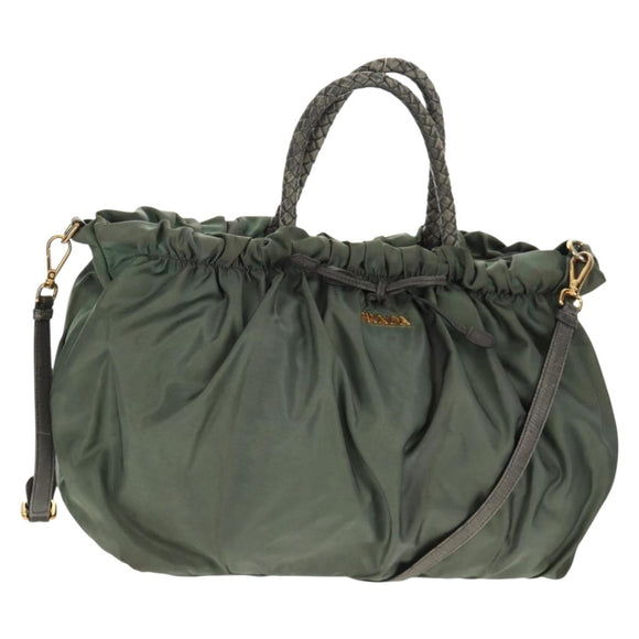 PRADA Hand Bag Nylon 2way Green Gold Auth 157145