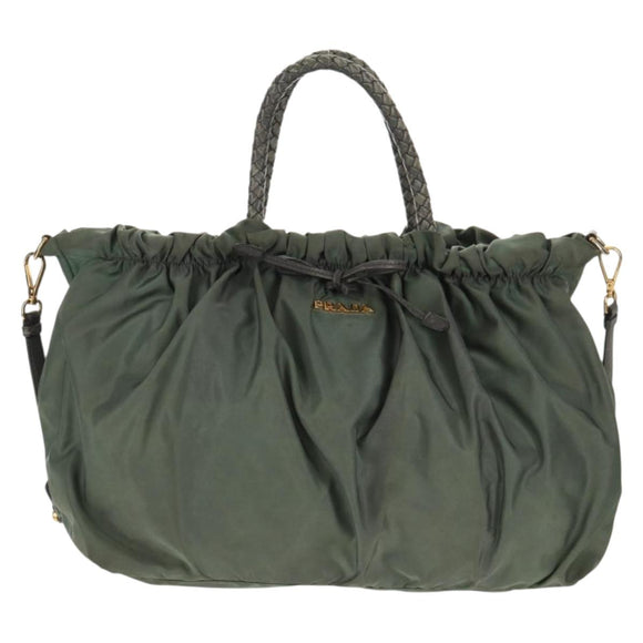 PRADA Hand Bag Nylon 2way Green Gold Auth 157145